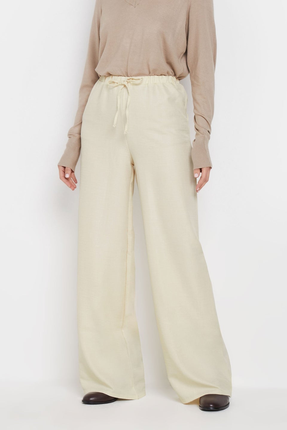 Long Tally Sally Cream Textured Wide Leg Trousers