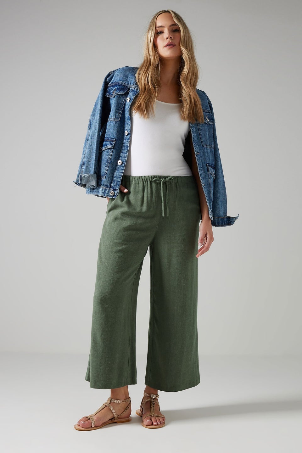 Long Tall Sally Green Linen Cropped Wide Leg Trousers