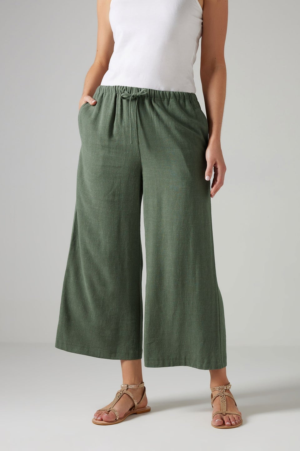 Long Tall Sally Green Linen Cropped Wide Leg Trousers