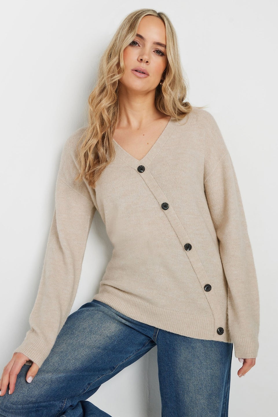Long Tall Sally Natural Brown Knit Wrap Button Jumper