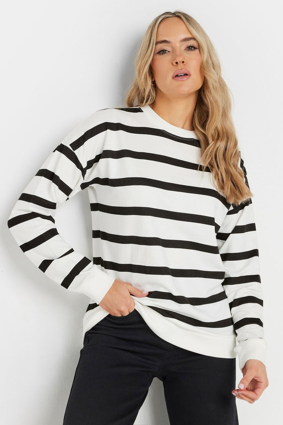 Long Tall Sally Ivory White Striped Button Sweatshirt