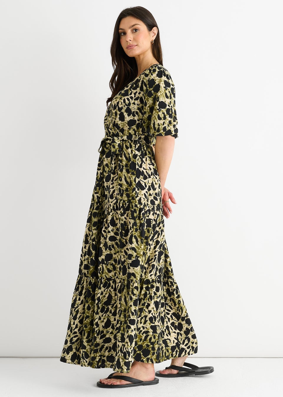 Gini London Green Animal Print Wrap Skater Midi Dress