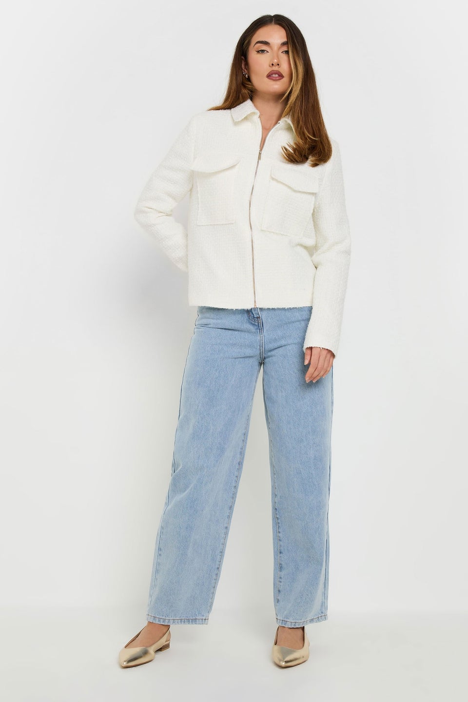 LTS Tall Ivory White Boucle Zip Bomber Jacket