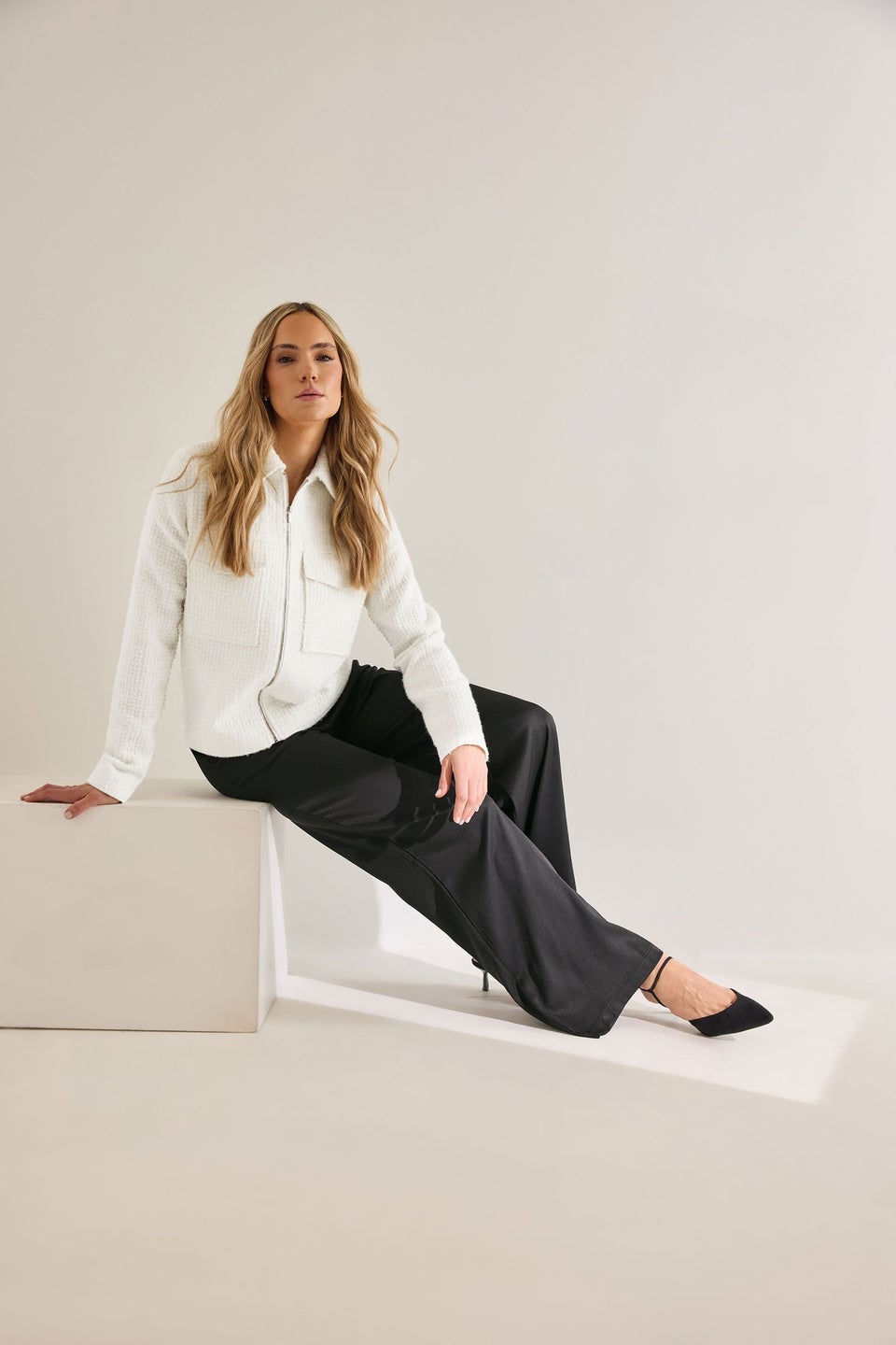 LTS Tall Ivory White Boucle Zip Bomber Jacket