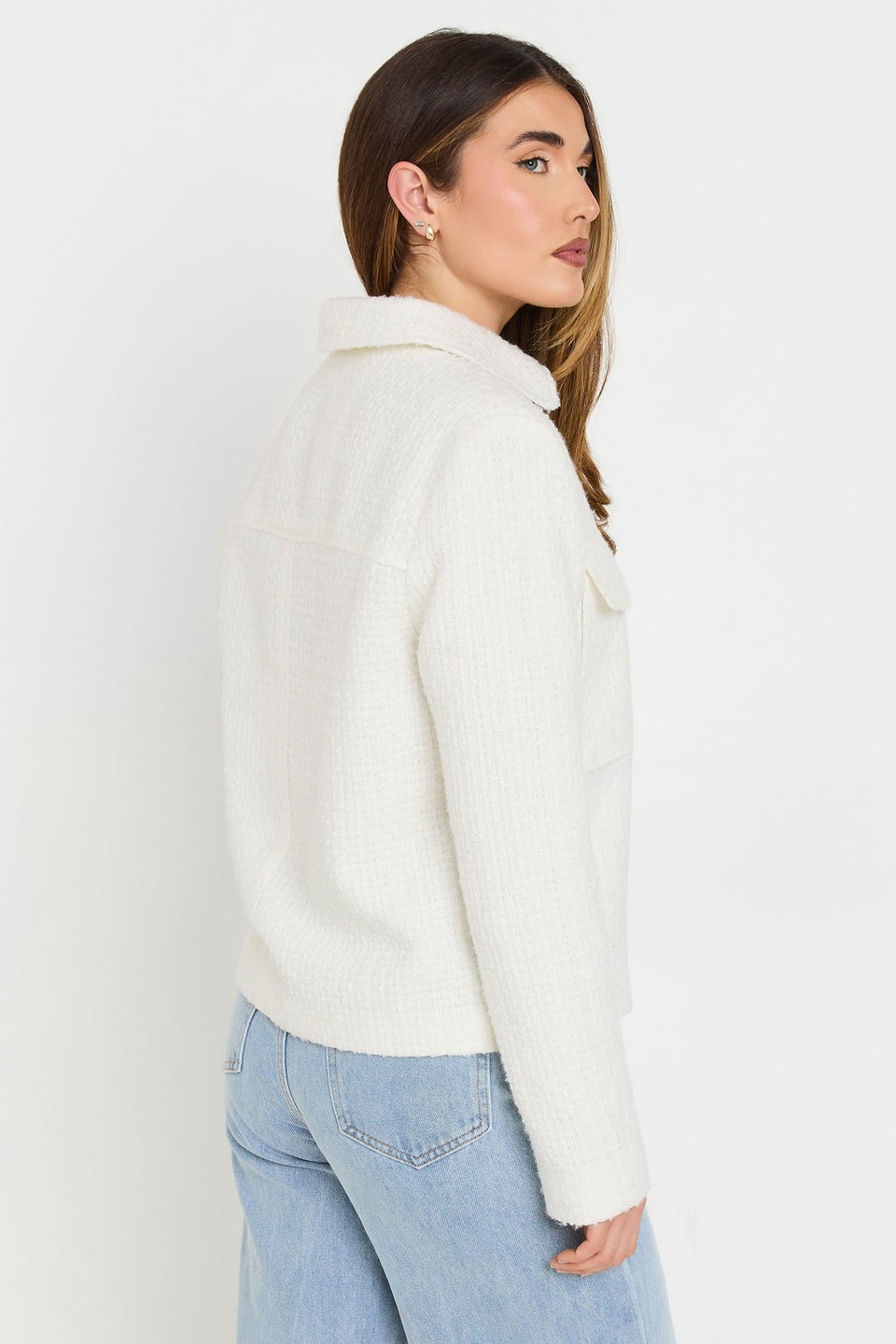 LTS Tall Ivory White Boucle Zip Bomber Jacket