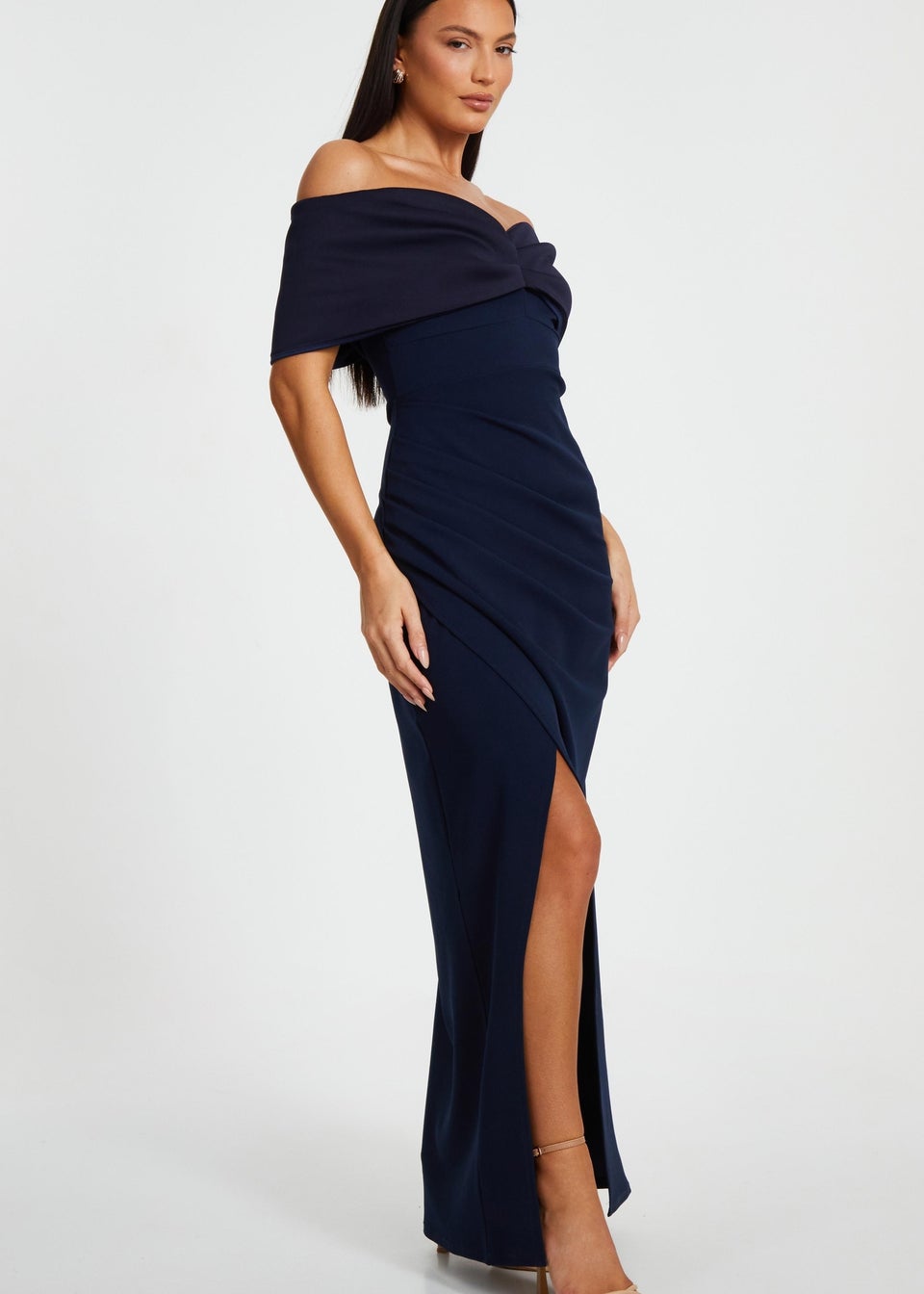 Quiz Navy Bardot Front Wrap Maxi Dress