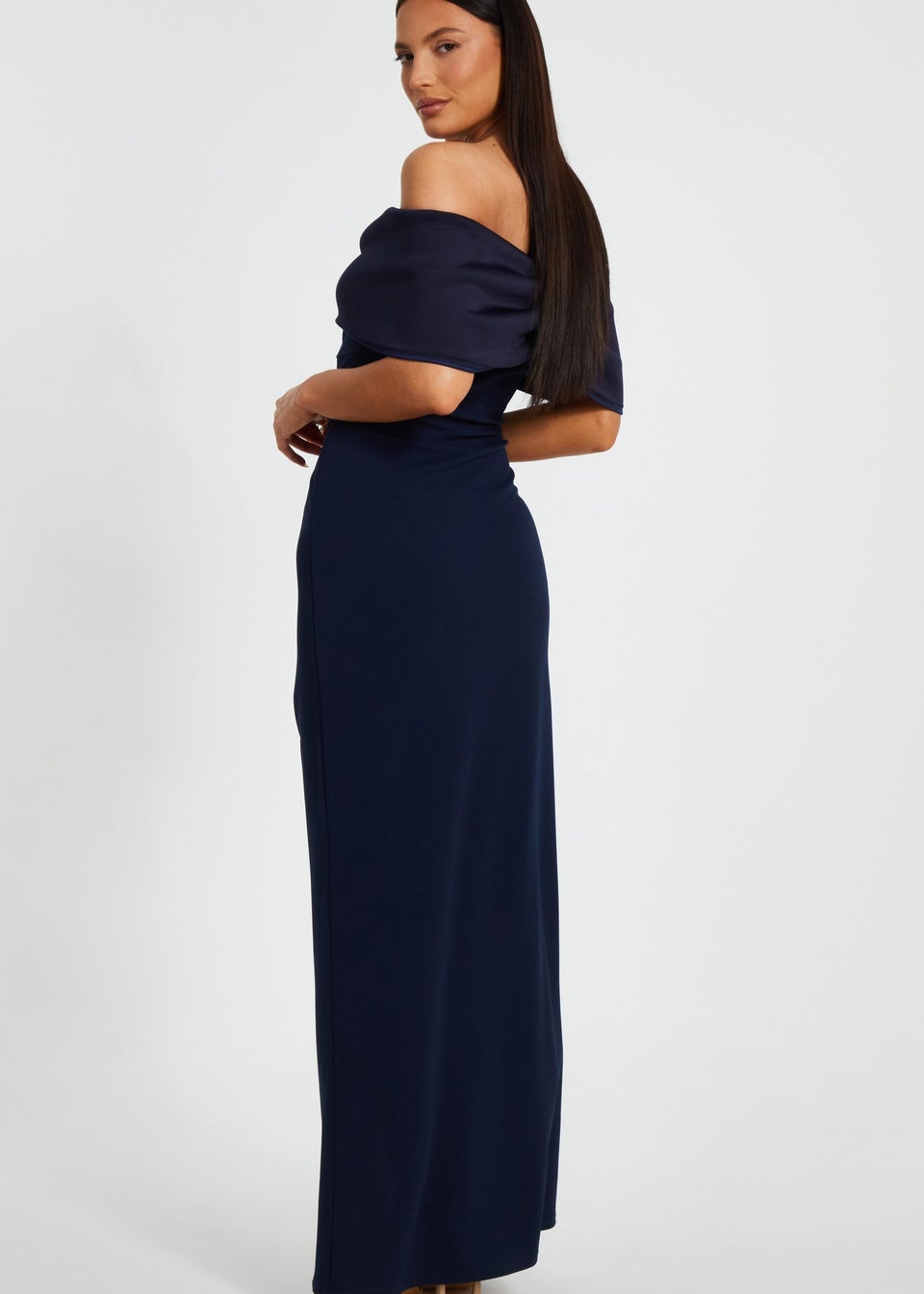 Quiz Navy Bardot Front Wrap Maxi Dress