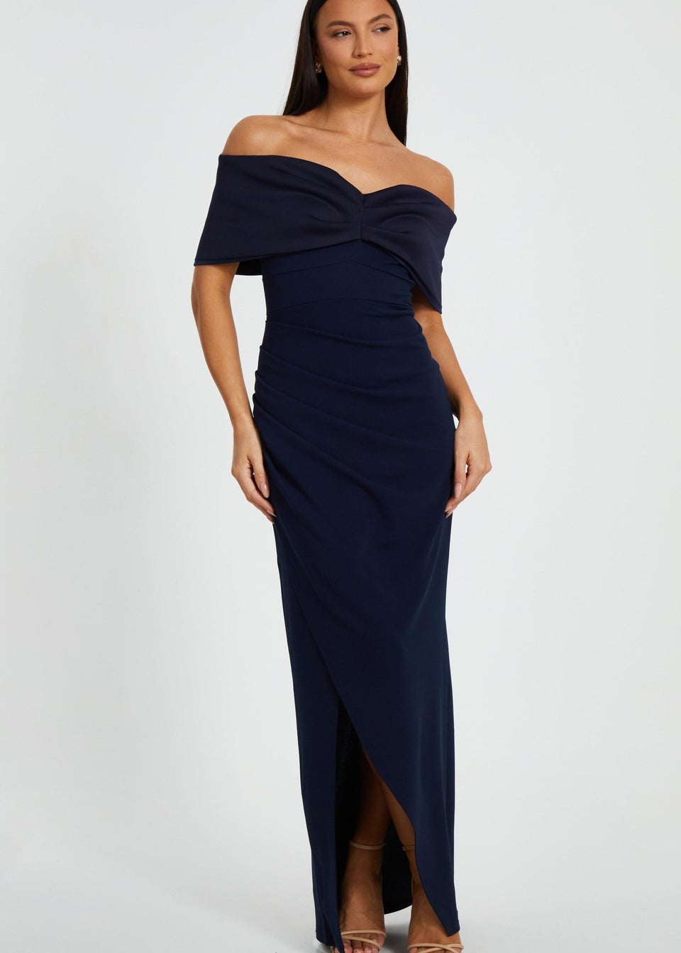 Quiz Navy Bardot Front Wrap Maxi Dress