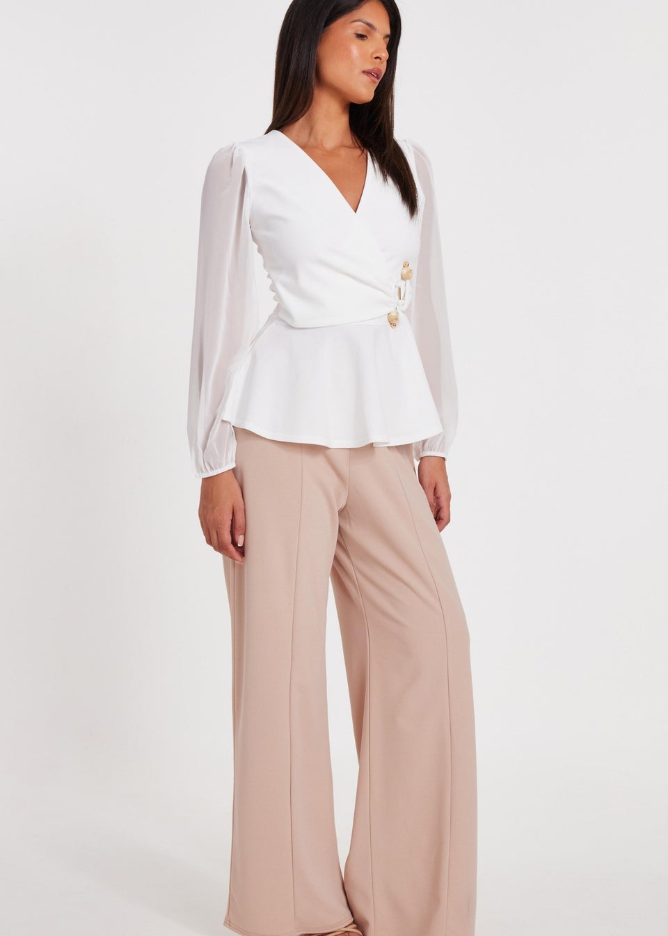 Quiz Cream Wrap Front Buckle Top