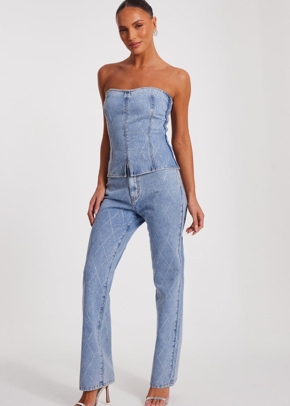 Quiz Blue Diamante Denim Corset Top