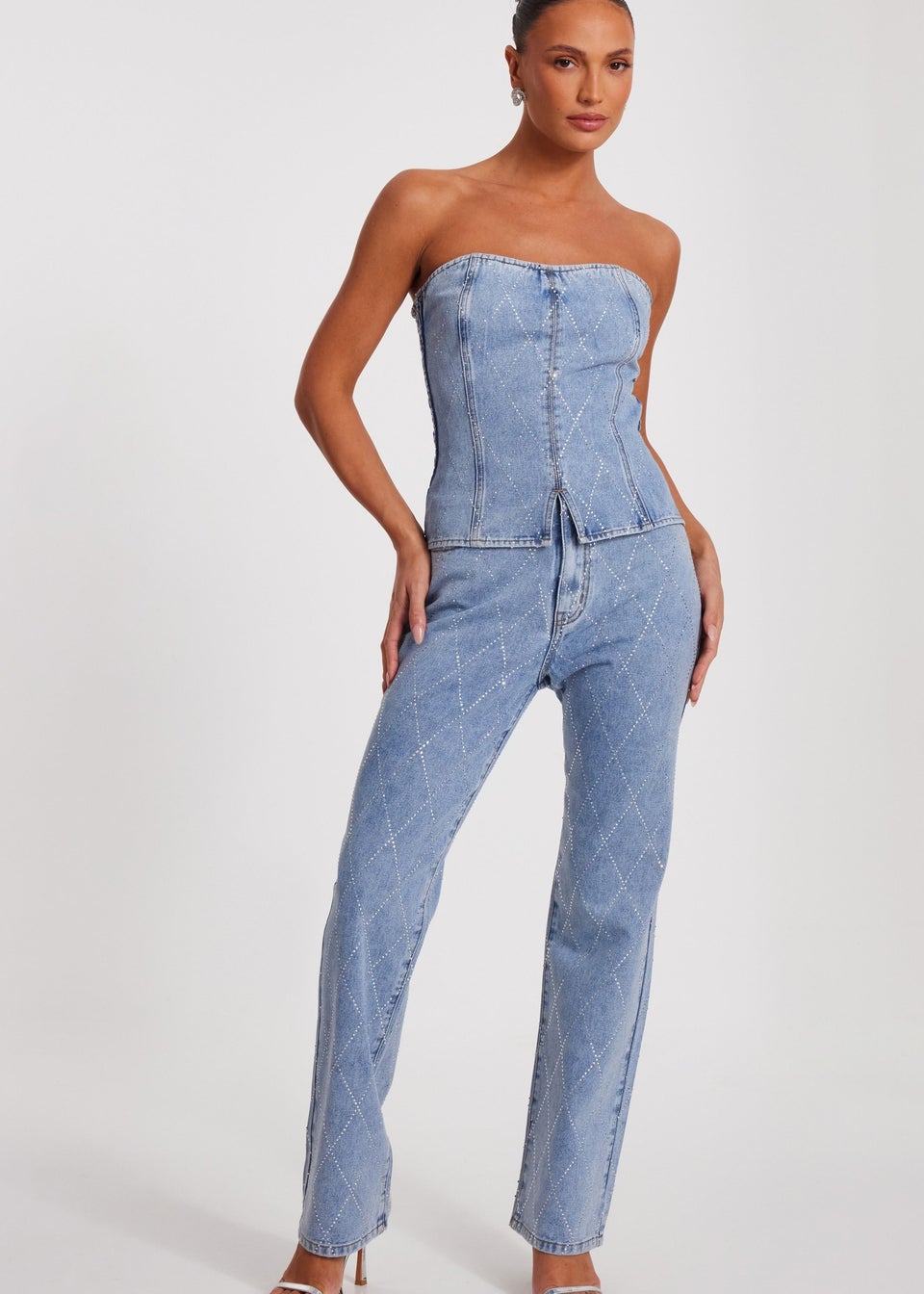 Quiz Blue Diamante Denim Corset Top
