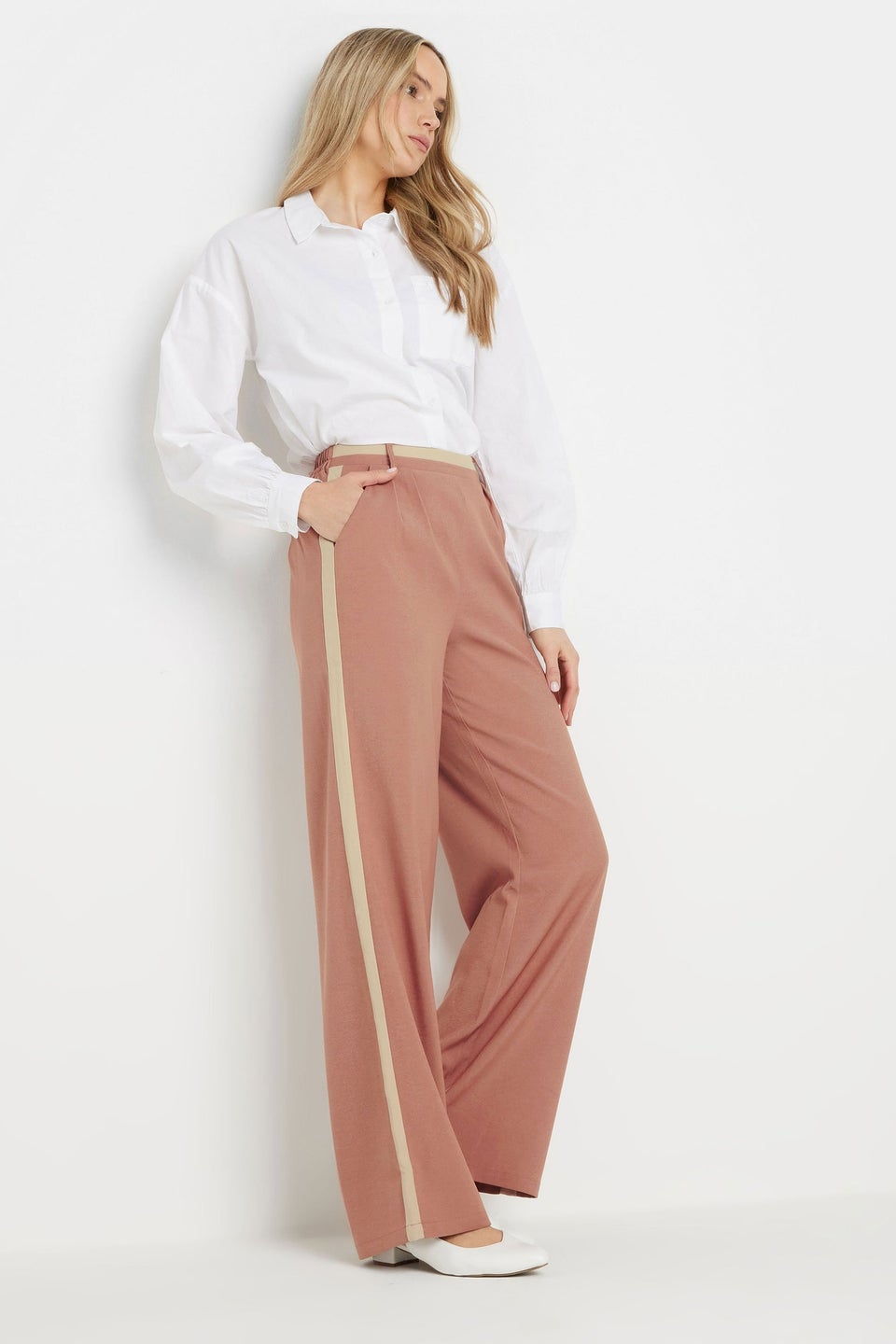 Long Tall Sally Coral Pink Contrast Stripe Wide Leg Trousers