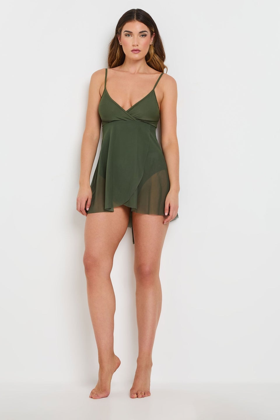Long Tall Sally Khaki Green Mesh Skirted Wrap Swimsuit