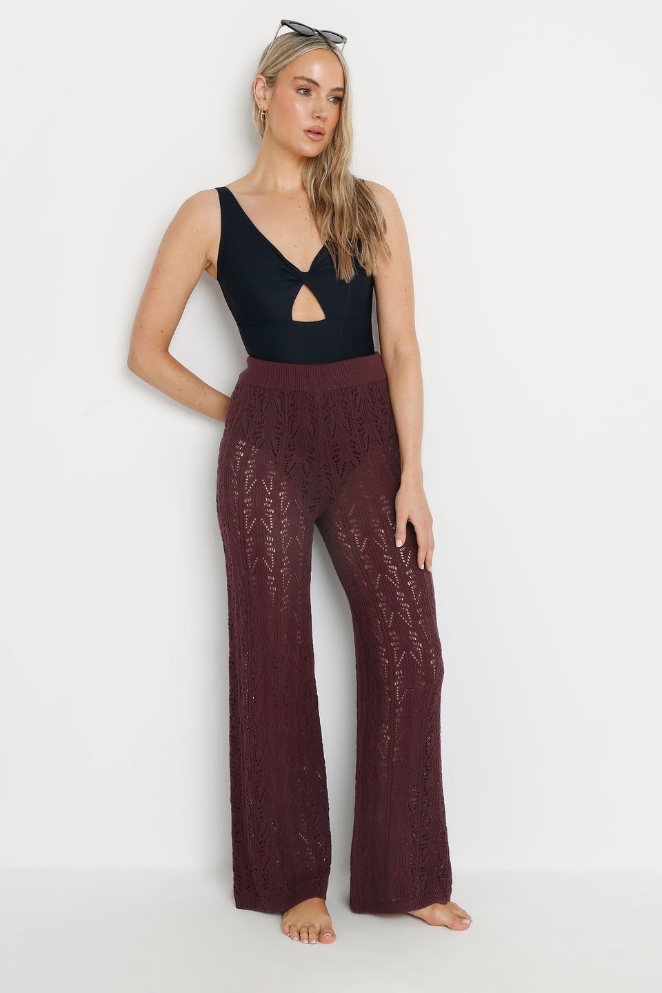 Long Tall Sally Dark Purple Pointelle Knit Wide Leg Trousers