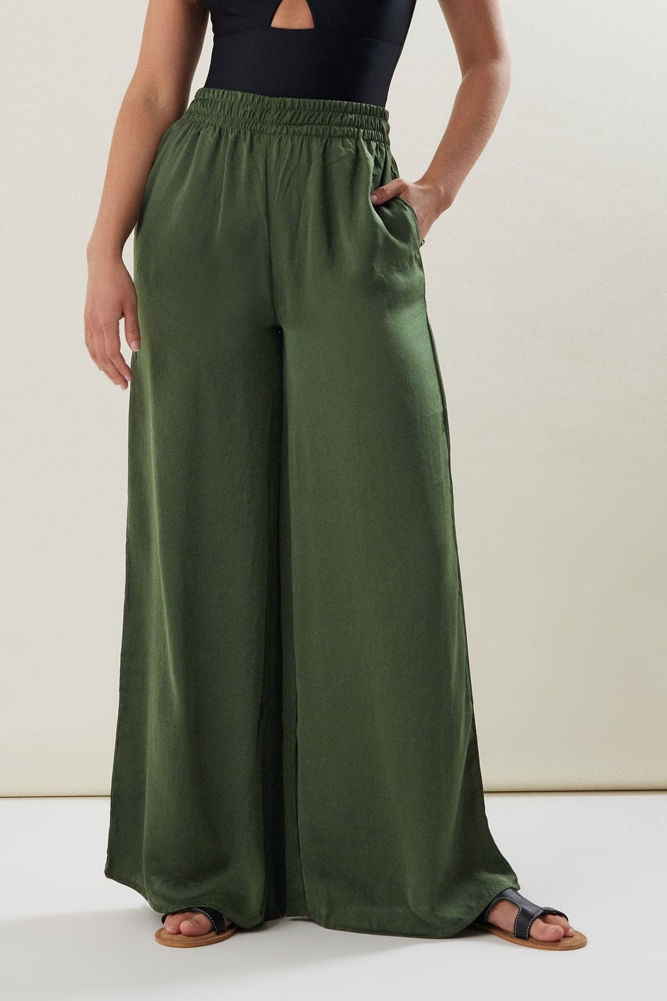 Long Tall Sally Khaki Green Matt Satin Wide Leg Trousers