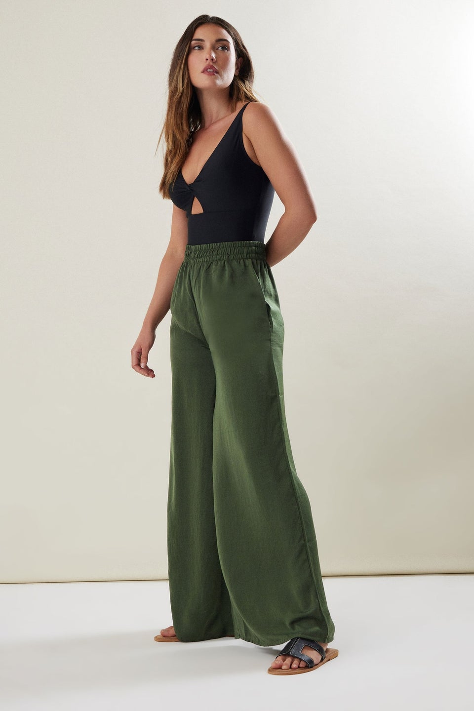 Long Tall Sally Khaki Green Matt Satin Wide Leg Trousers