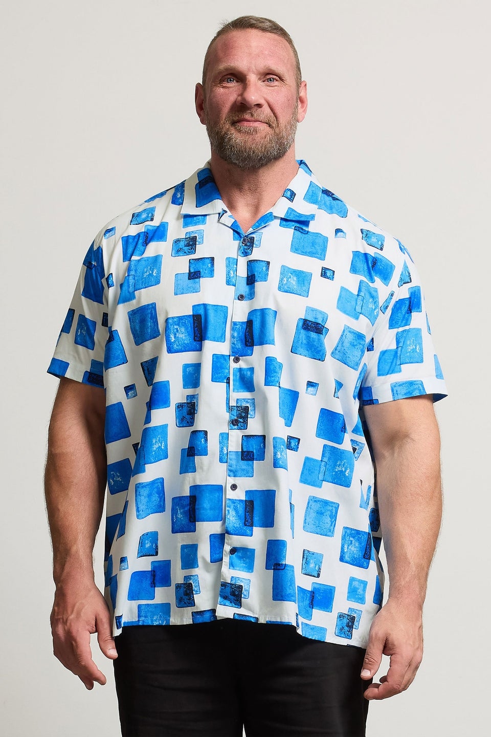 BadRhino BIg & Tall White Square Print Peached Short Sleeve Revere Collar Shirt
