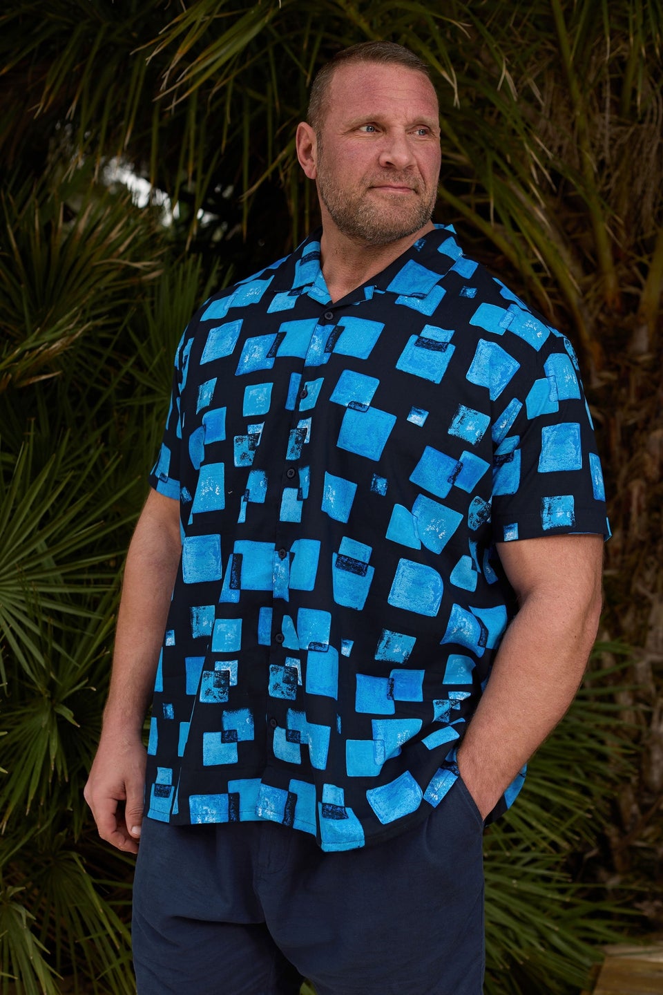 BadRhino Big & Tall Navy Blue Square Print Peached Short Sleeve Revere Collar Shirt