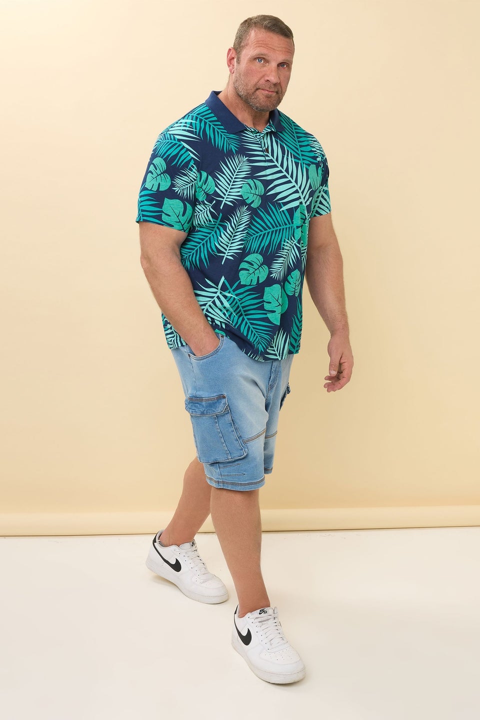 BadRhino Big & Tall Navy Blue Leaf Print Polo Shirt