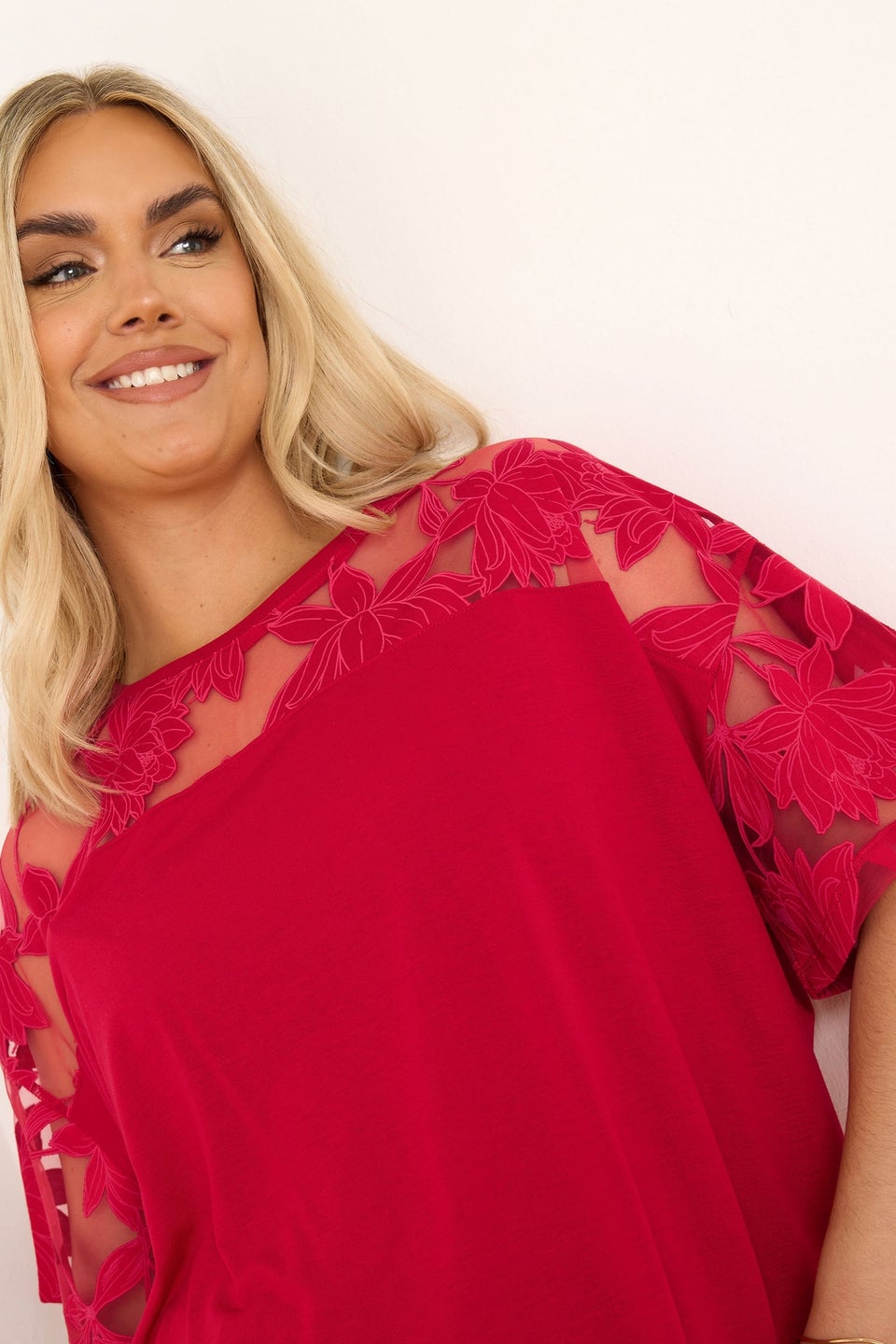 Yours Curve Red Floral Burnout Boxy T-Shirt