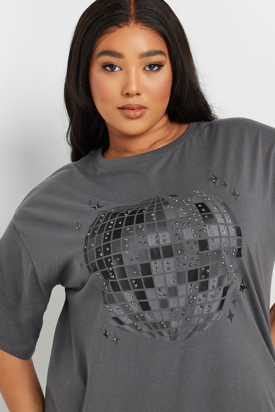 Yours Curve Grey Stud Embellished Disco Ball T-Shirt