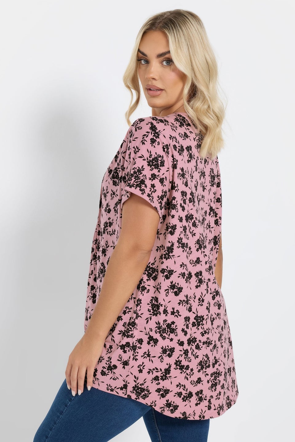 Yours Curve 2 Pack Pink & White Ditsy Floral Pintuck Henley Tops