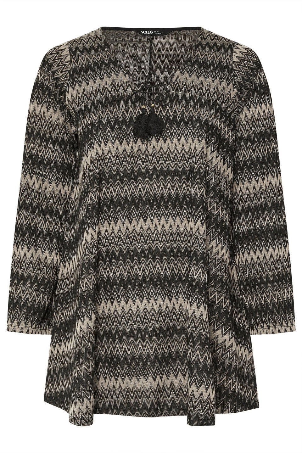 Yours Curve Black Metallic Zig Zag Tie Neck Tunic Top