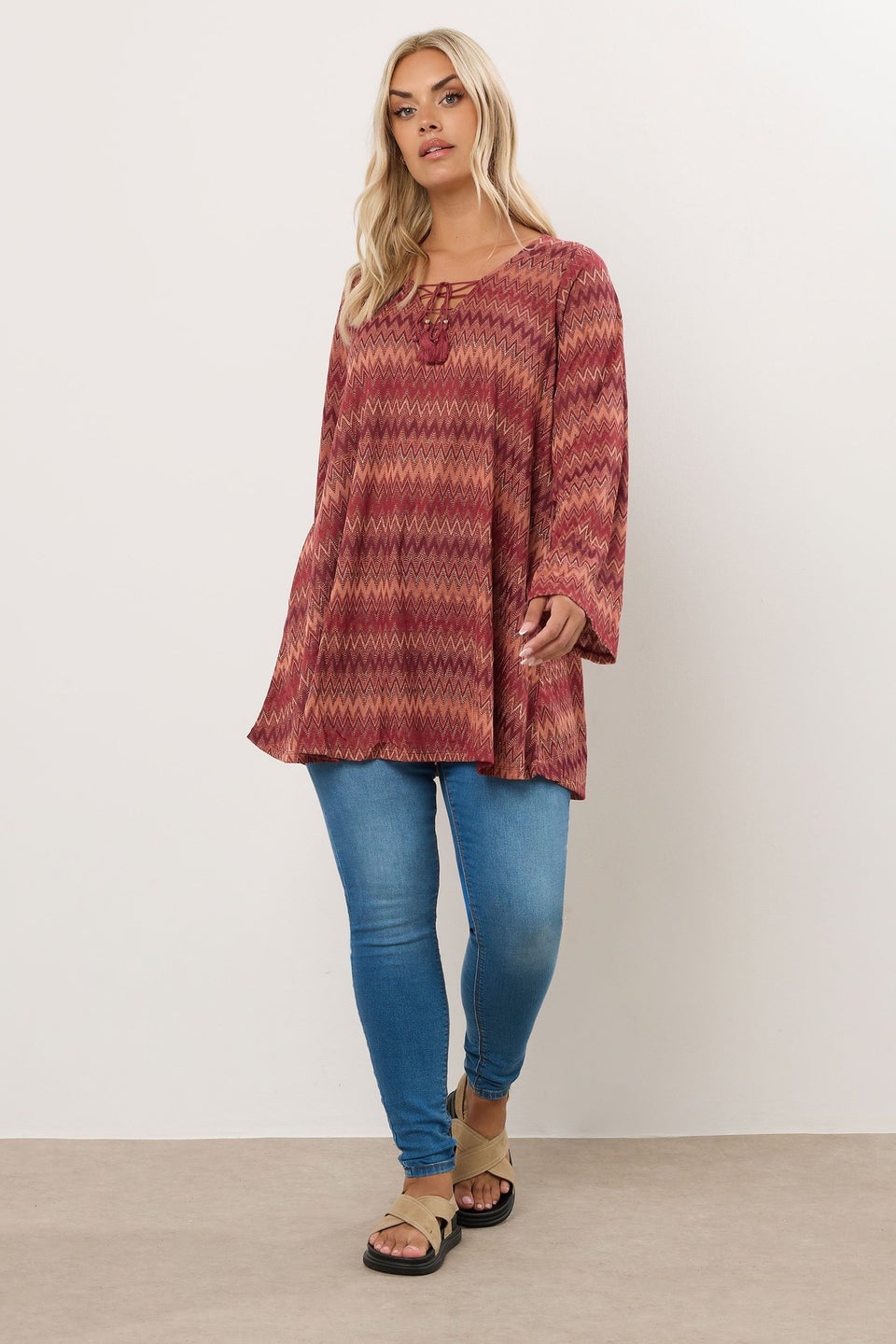 Yours Curve Rust Orange Metallic Zig Zag Tie Neck Tunic Top