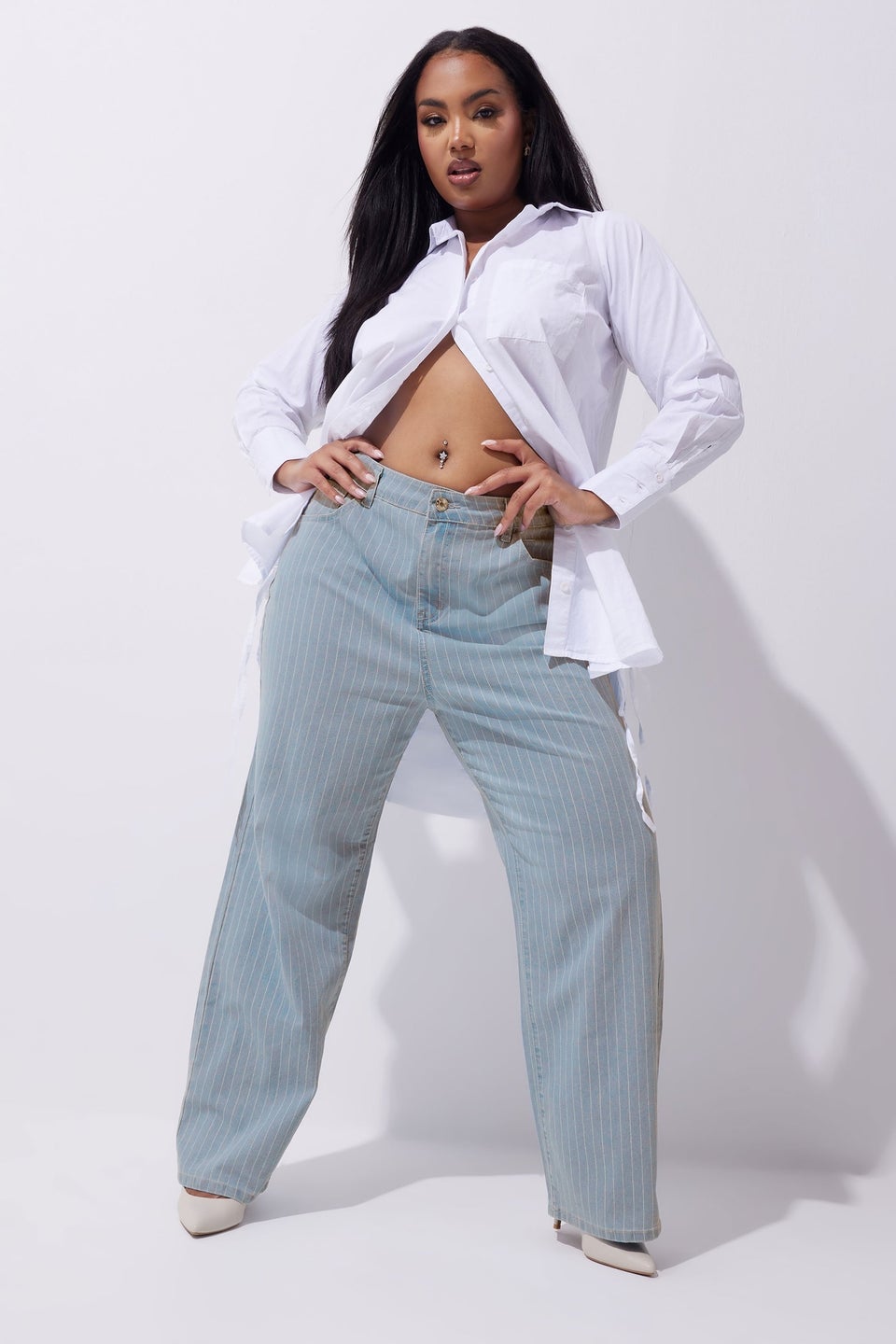 LIMITED COLLECTION Curve Light Blue Pinstripe Wide Leg Jeans