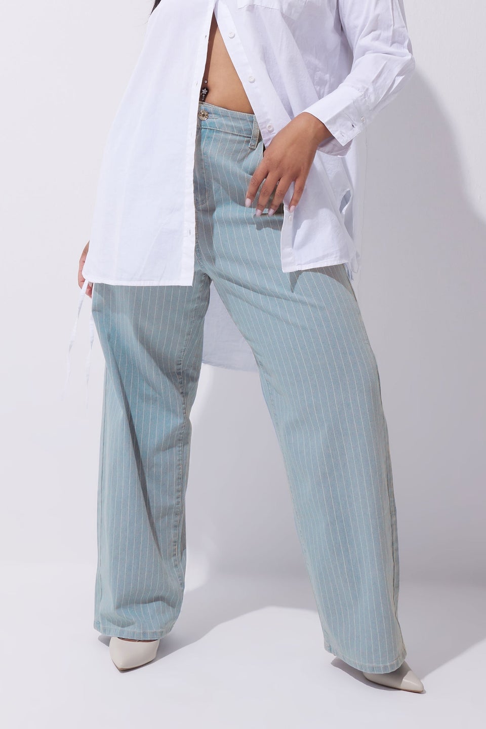 LIMITED COLLECTION Curve Light Blue Pinstripe Wide Leg Jeans