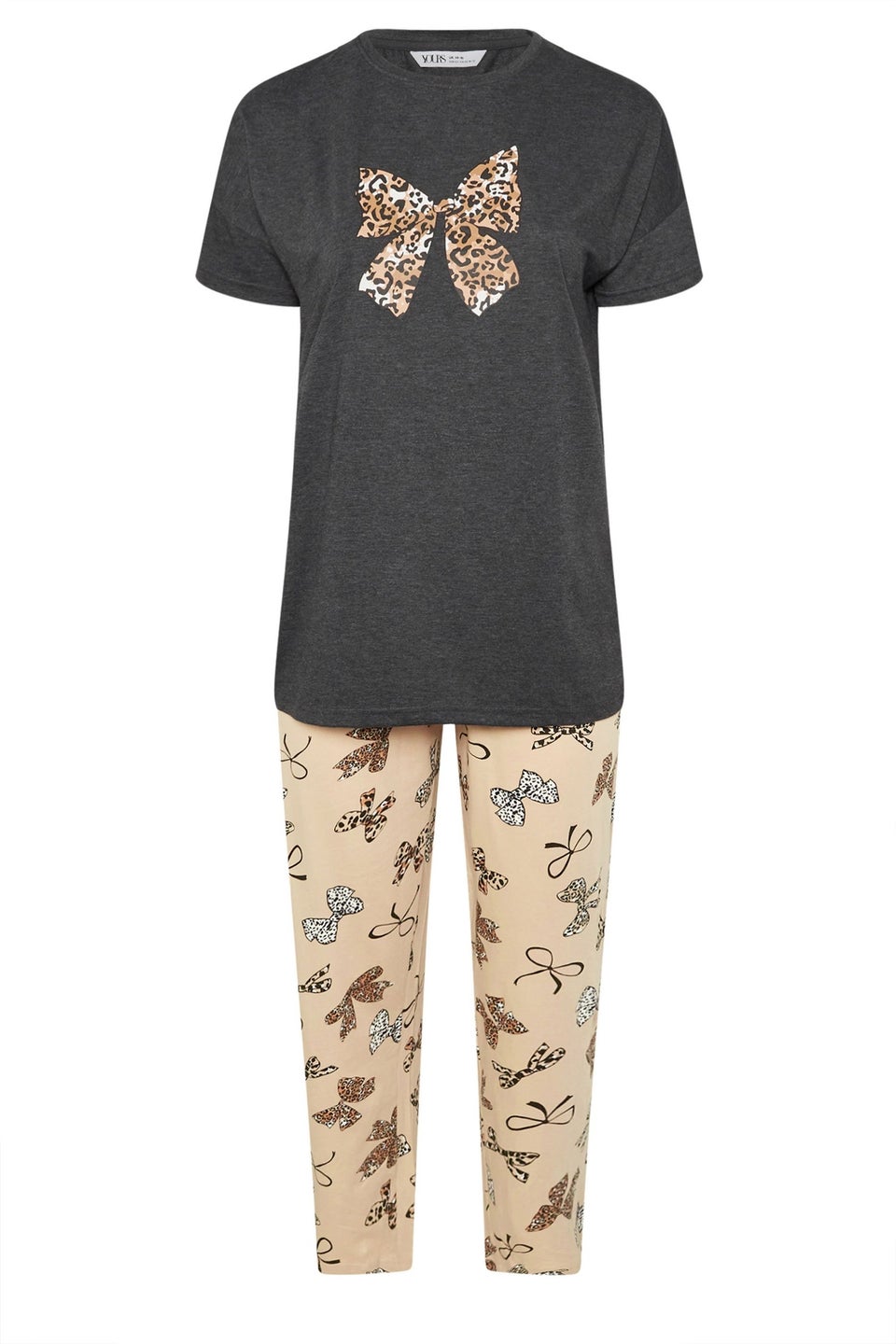 YOURS Curve Grey Leopard Bow Print Wide Leg Pyjama Set