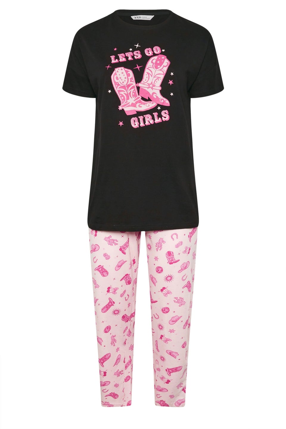 Yours Curve Black Pink Lets Go Girls Cowboy Boot Wide Leg Pyjama Set