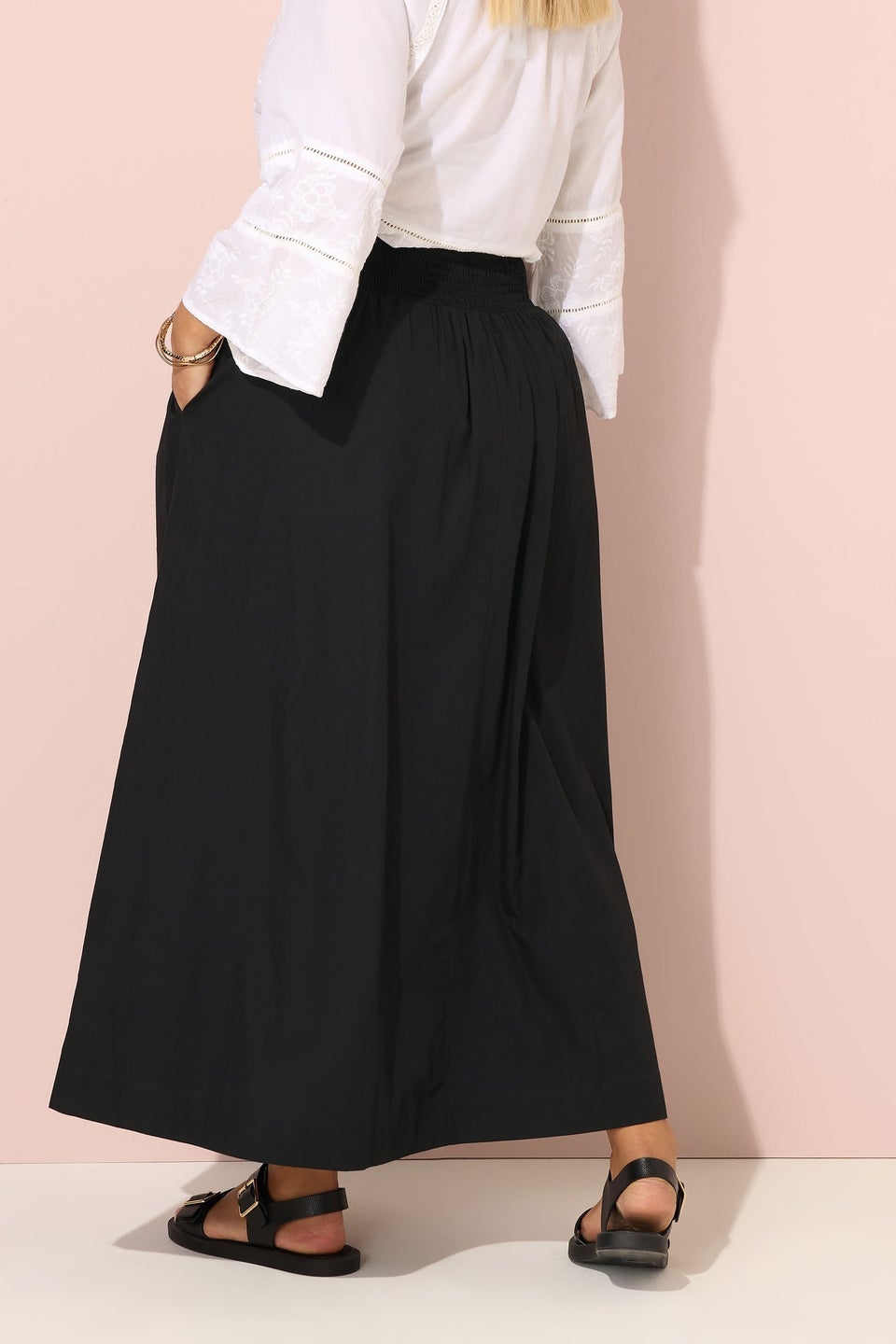 Yours Curve Black Poplin Shirred Waist Maxi Skirt
