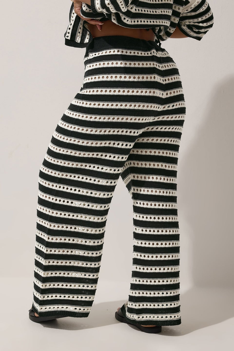 LIMITED COLLECTION Curve Black & White Stripe Crochet Wide Leg Trousers