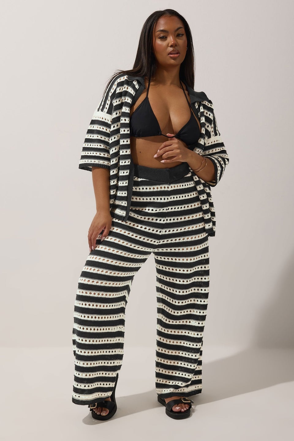 LIMITED COLLECTION Curve Black & White Stripe Crochet Wide Leg Trousers
