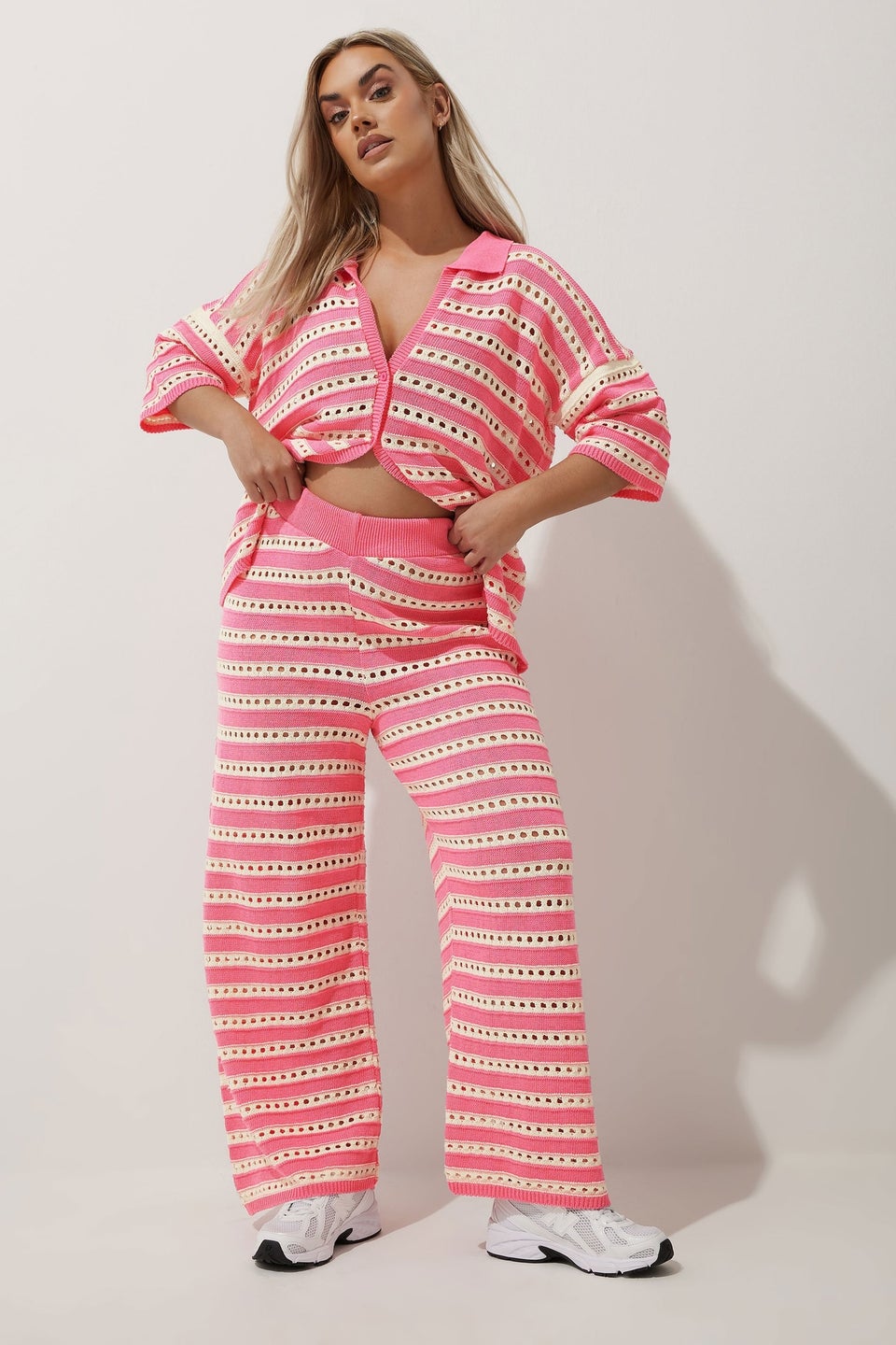 LIMITED COLLECTION Curve Pink & White Stripe Crochet Wide Leg Trousers