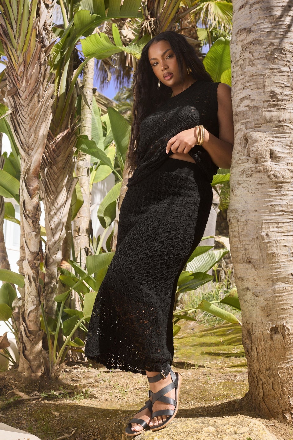 Yours Curve Black Crochet Knitted Midi Skirt