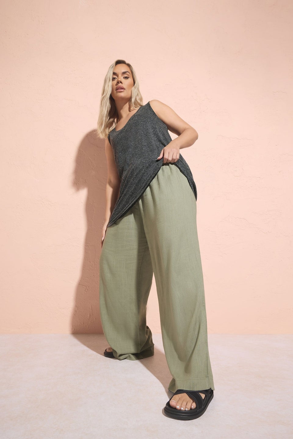 Yours Curve Olive Green Linen Tie Front Trousers