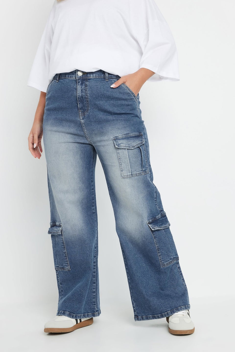 Yours Curve Blue Washed Effect Cargo Jeans