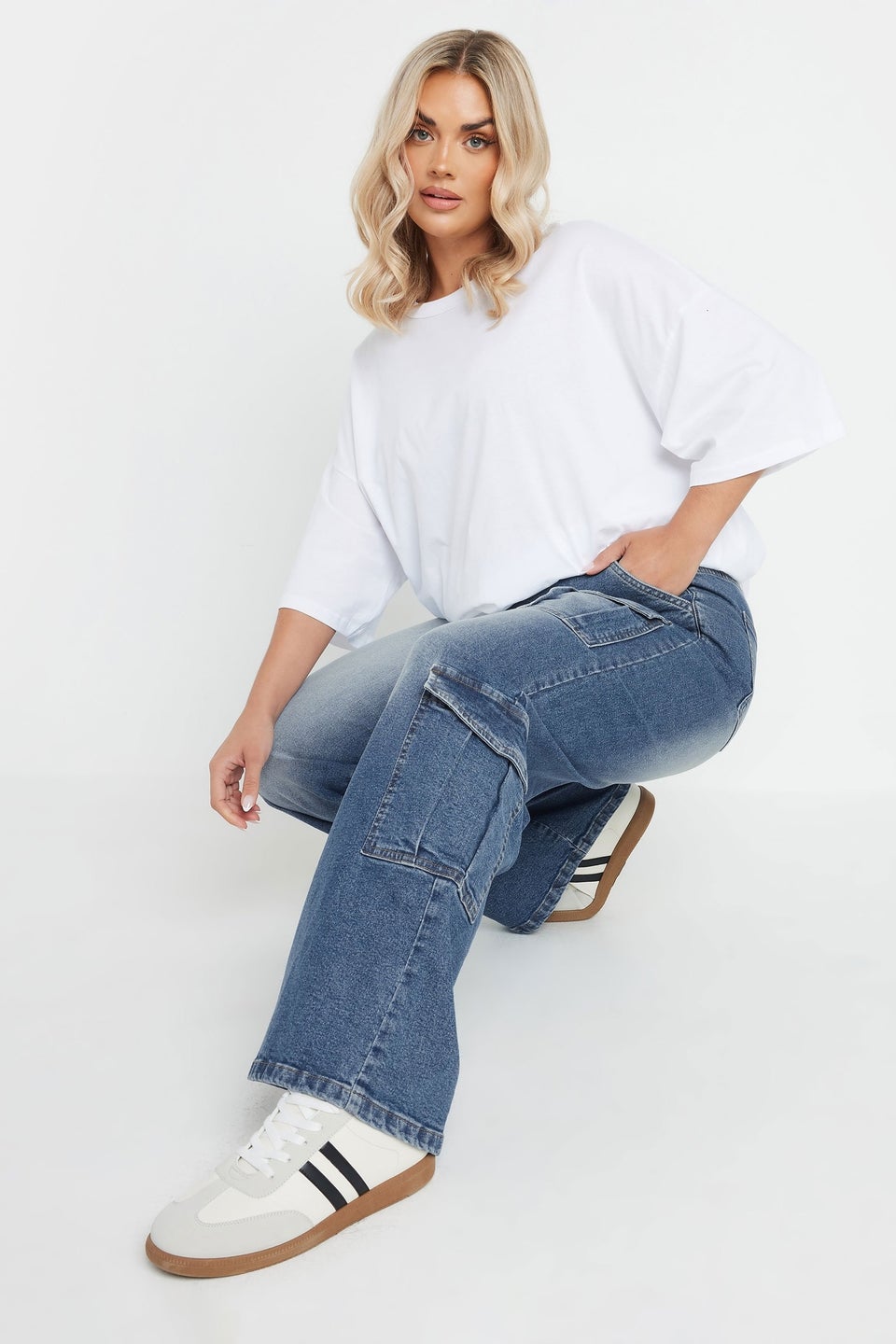 Yours Curve Blue Washed Effect Cargo Jeans