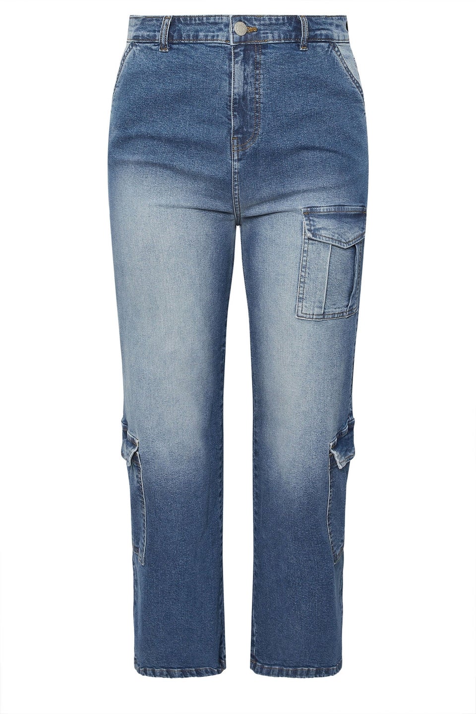 Yours Curve Blue Washed Effect Cargo Jeans