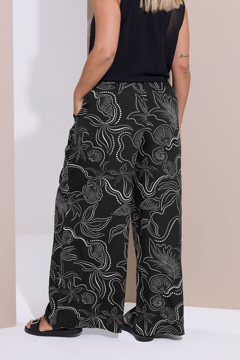 Yours Curve Black Shell Print Wide Leg Trousers