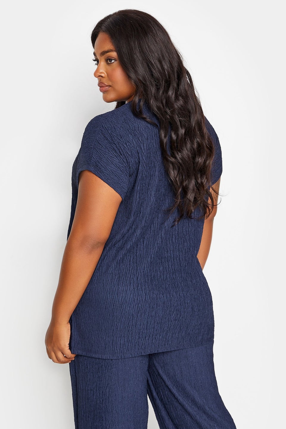 Yours Curve Navy Blue Crinkle Plisse T-Shirt