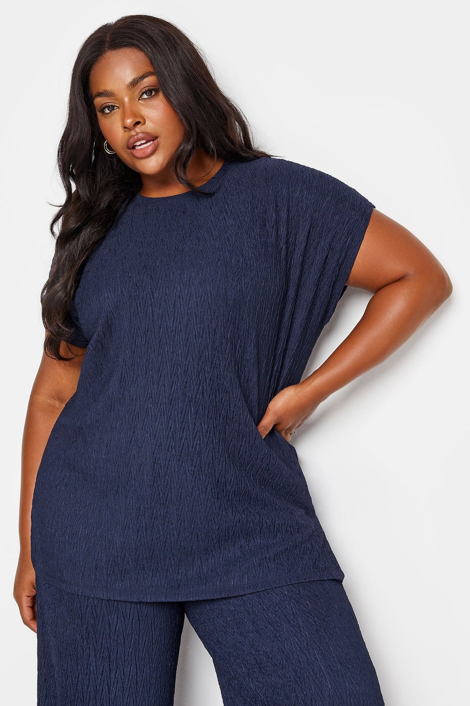 Yours Curve Navy Blue Crinkle Plisse T-Shirt