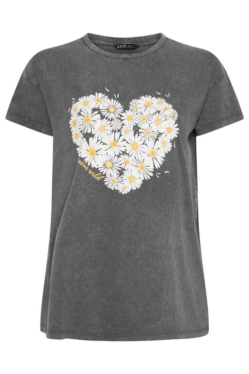 Yours Curve Grey Acid Wash Daisy Heart Print T-Shirt