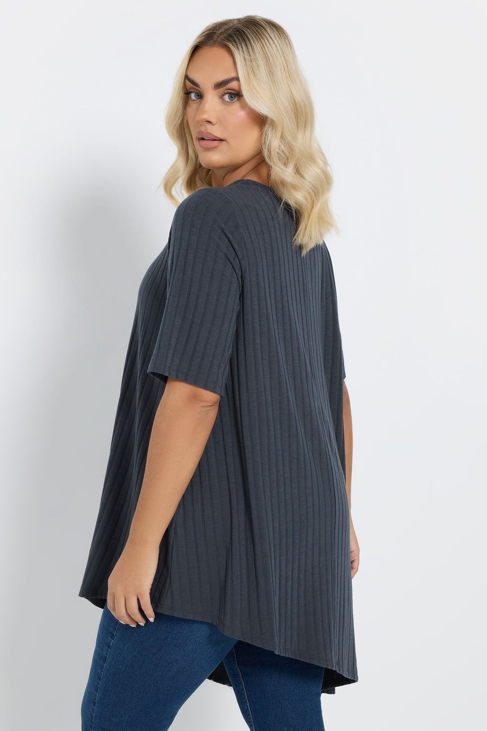 Yours Curve Charcoal Grey Asymmetric Ribbed T-Shirt