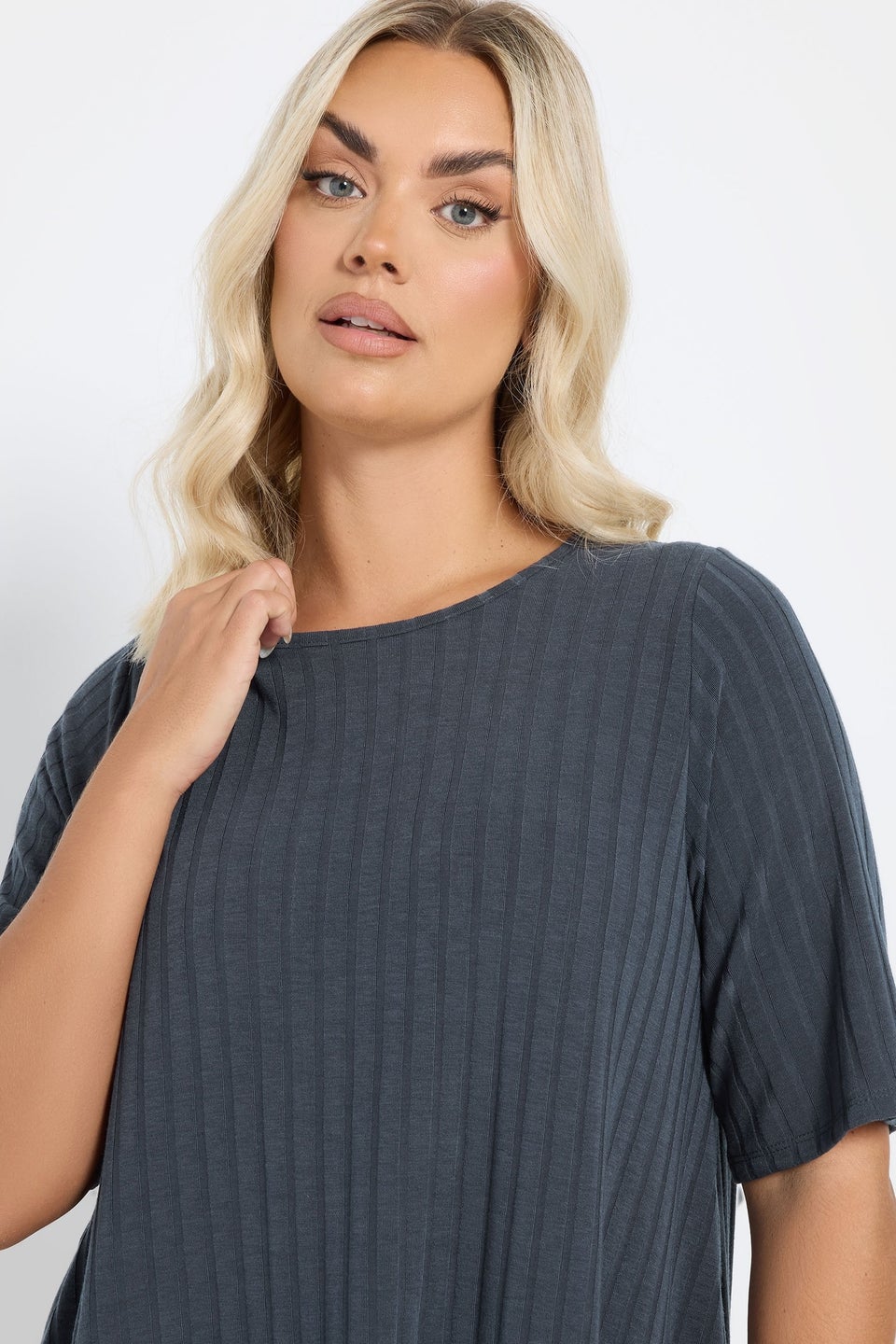 Yours Curve Charcoal Grey Asymmetric Ribbed T-Shirt