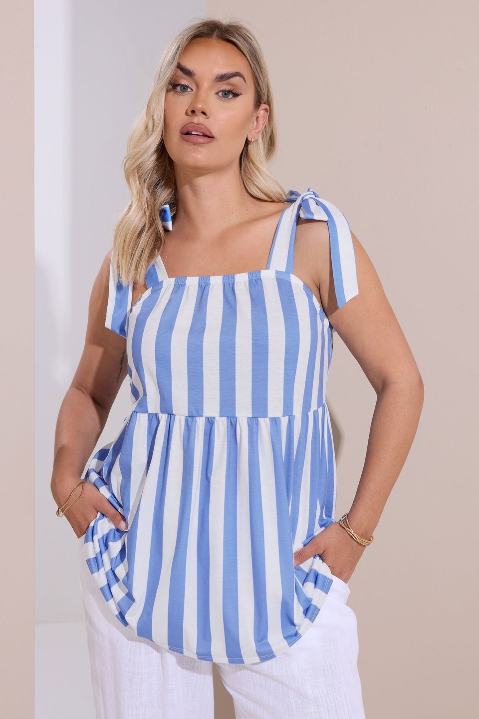 Yours Curve Blue Stripe Tie Sleeve Peplum Top