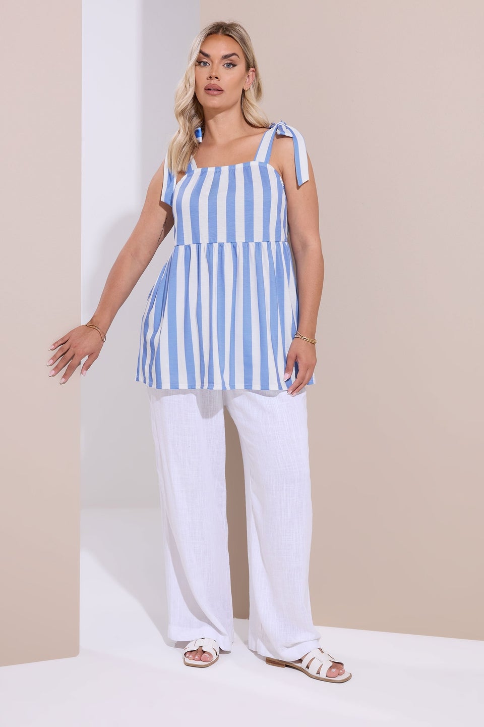 Yours Curve Blue Stripe Tie Sleeve Peplum Top