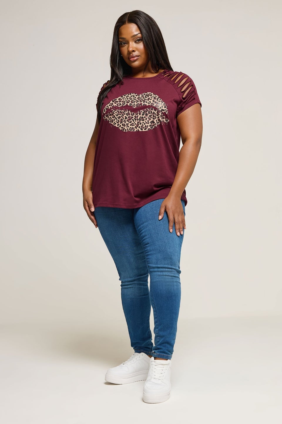 Yours Curve Burgundy Leopard Print Lips Laser Cut T-Shirt
